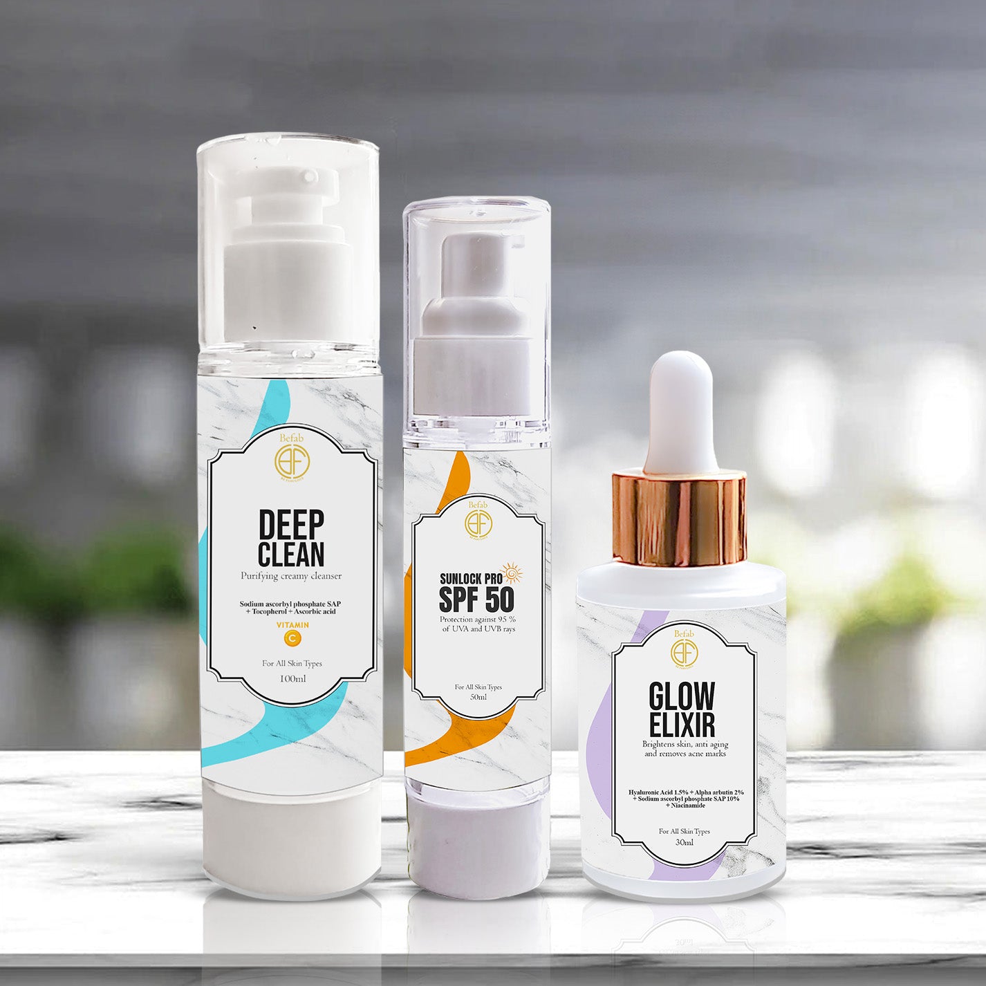 Deep clean + glow serum + sun block pro